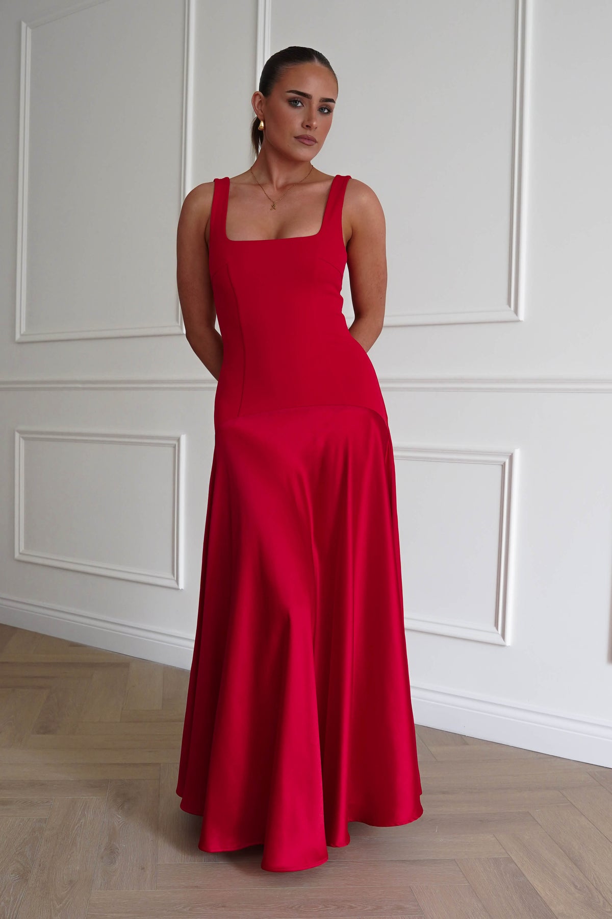 Elena Square Neck Soft Satin Maxi Dress | Red-Oh Hello Clothing