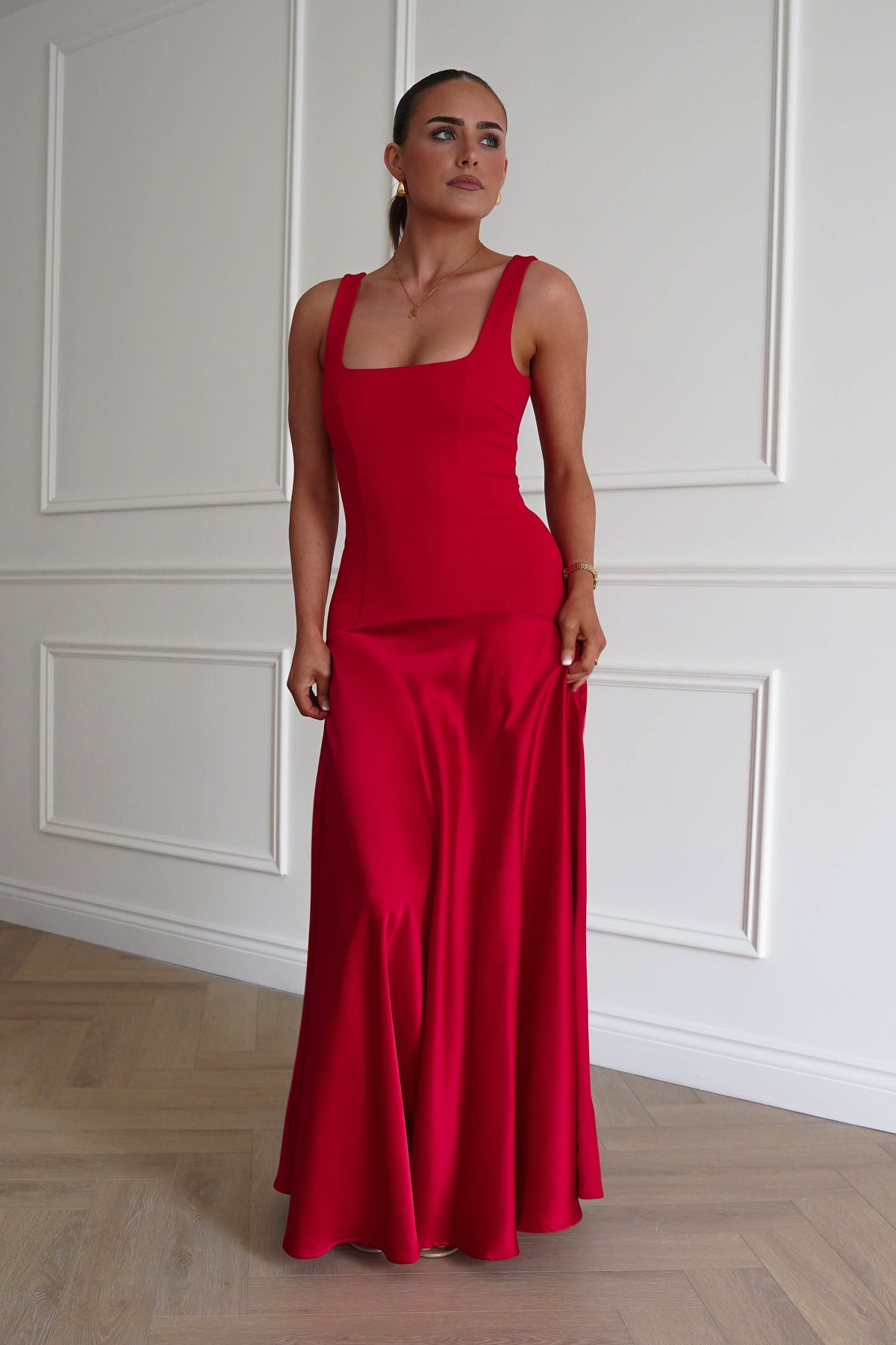 Elena Square Neck Soft Satin Maxi Dress | Red-Oh Hello Clothing