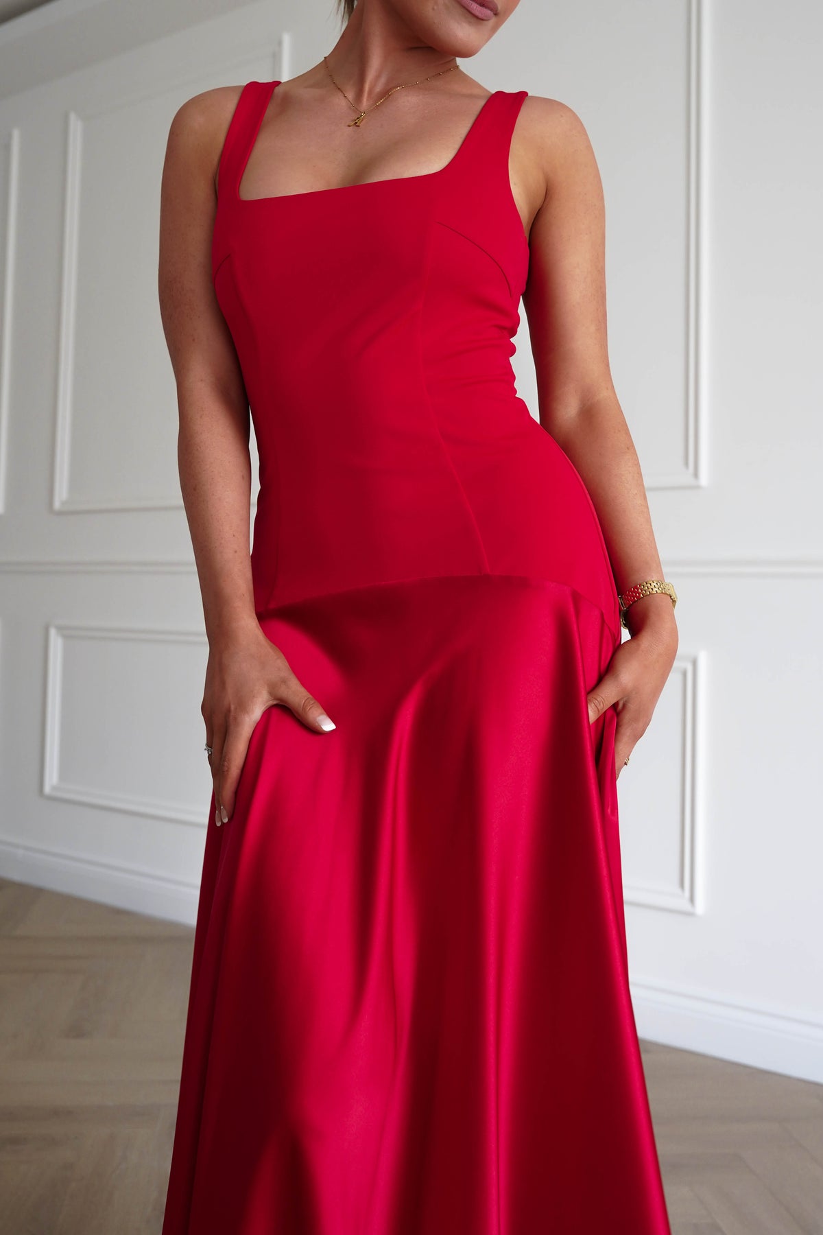 Elena Square Neck Soft Satin Maxi Dress | Red-Oh Hello Clothing