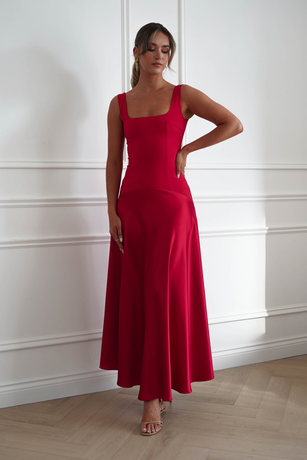 Elena Square Neck Soft Satin Maxi Dress | Red-Oh Hello Clothing