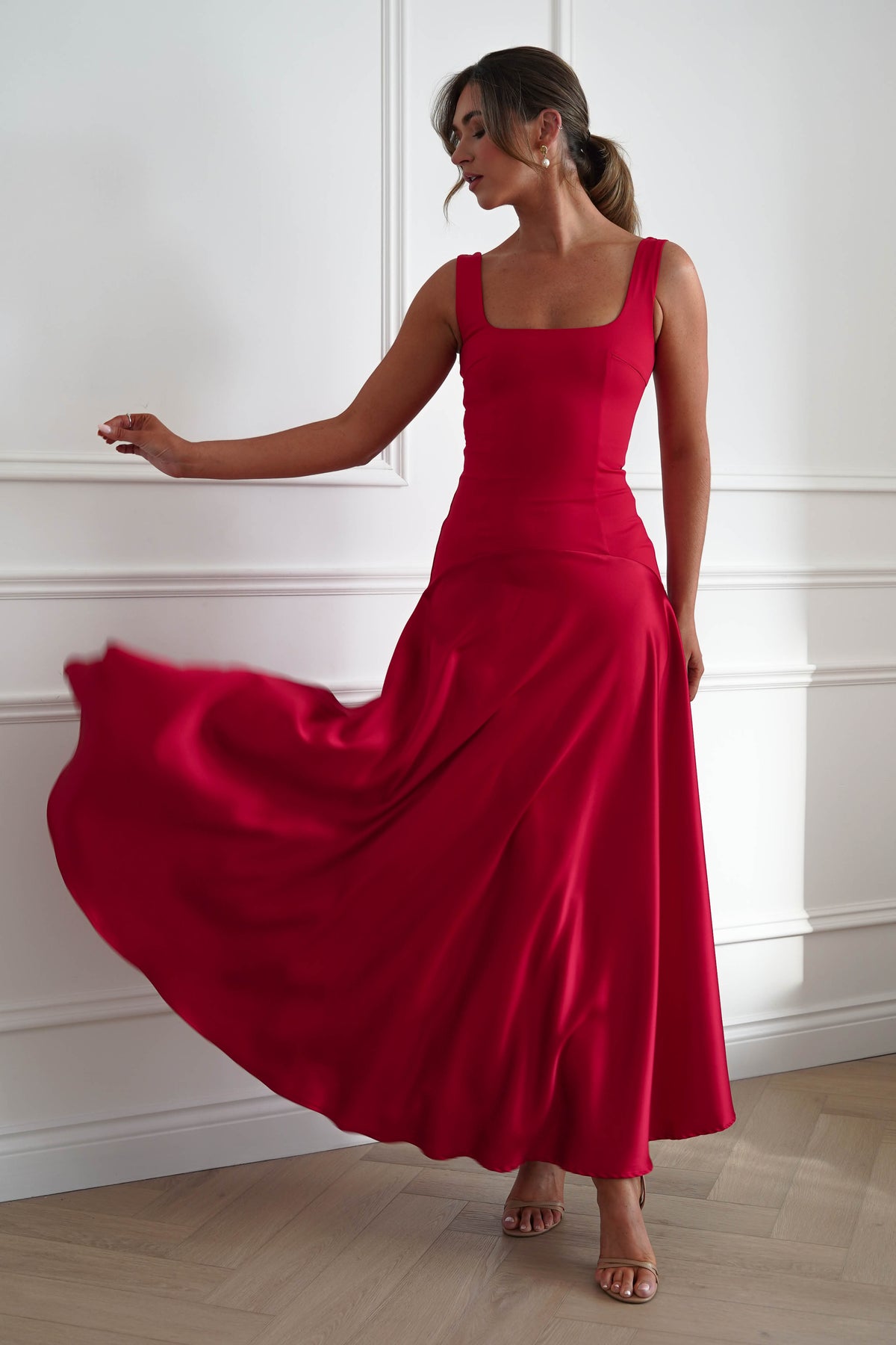 Elena Square Neck Soft Satin Maxi Dress | Red-Oh Hello Clothing
