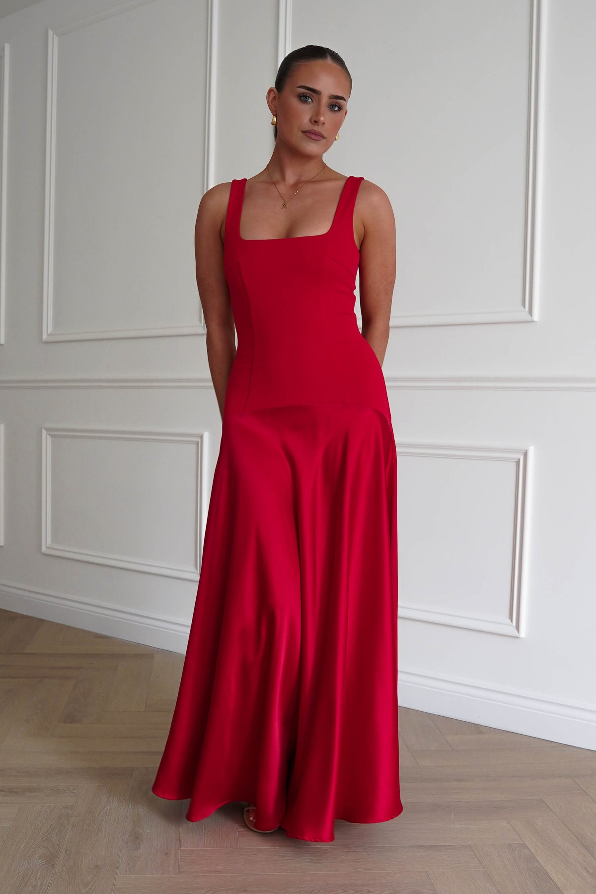 Elena Square Neck Soft Satin Maxi Dress | Red-Oh Hello Clothing