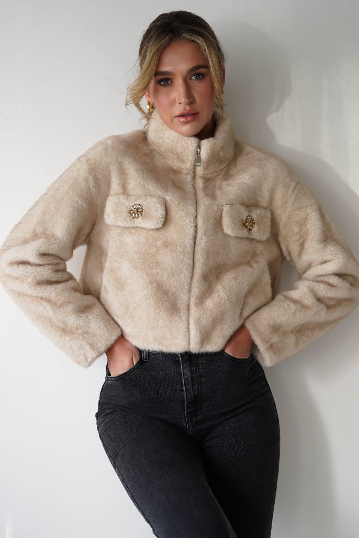 Elie Faux Fur Cropped Coat | Beige-Oh Hello Clothing
