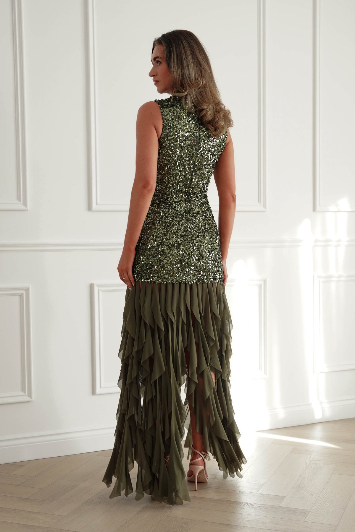 Oh Hello Clothing Women > Clothing > Dresses *DONE-F&P|521750| GREEN SEQUIN DRESSWUTH RUFFLE SKRIT