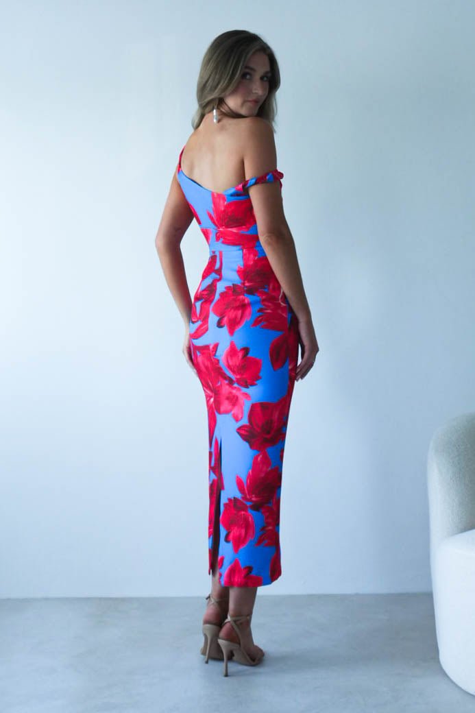 Elliot Floral Print Midi Dress | Blue/Red-Oh Hello Clothing