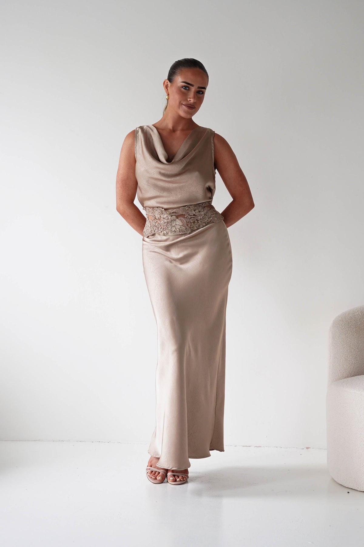 Elsa Satin Set With Lace Detail | Beige-Oh Hello Clothing