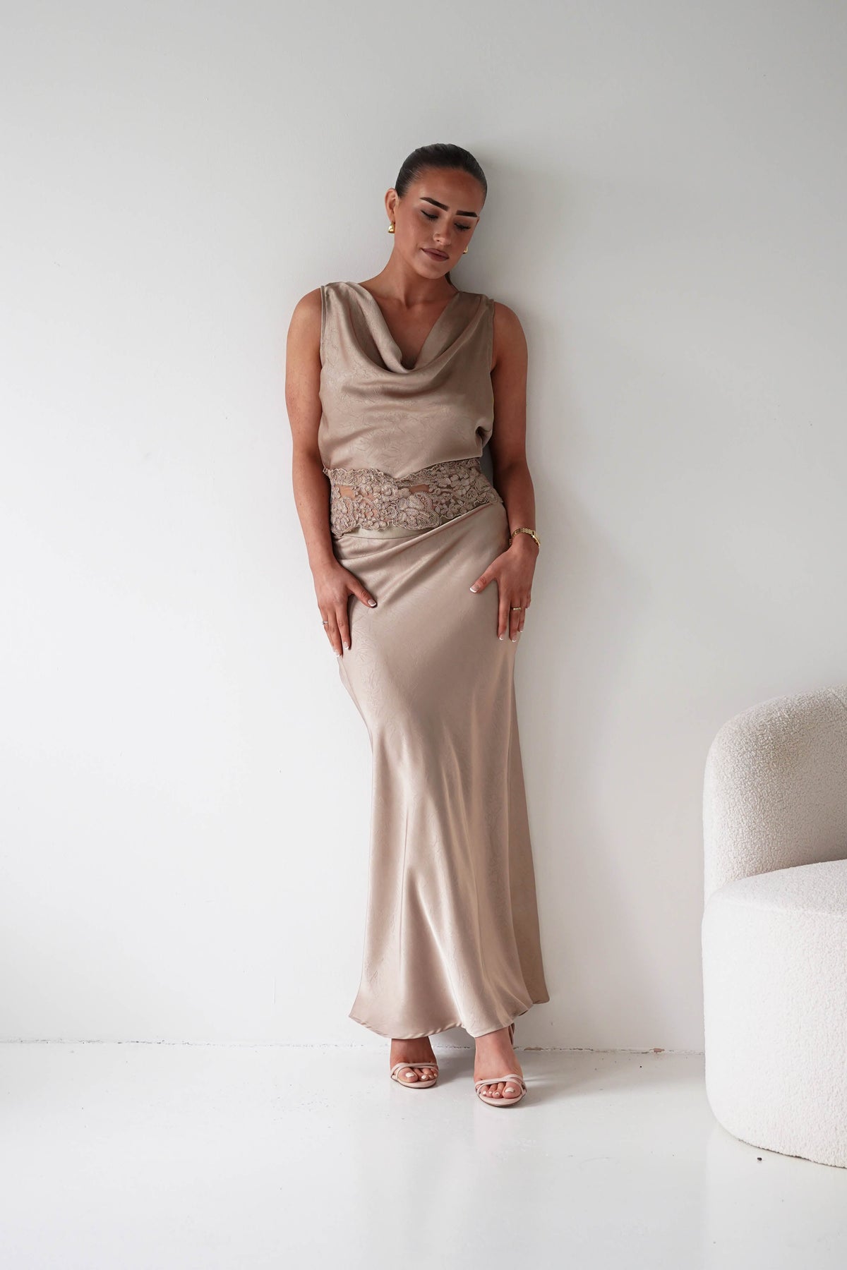 Elsa Satin Set With Lace Detail | Beige-Oh Hello Clothing