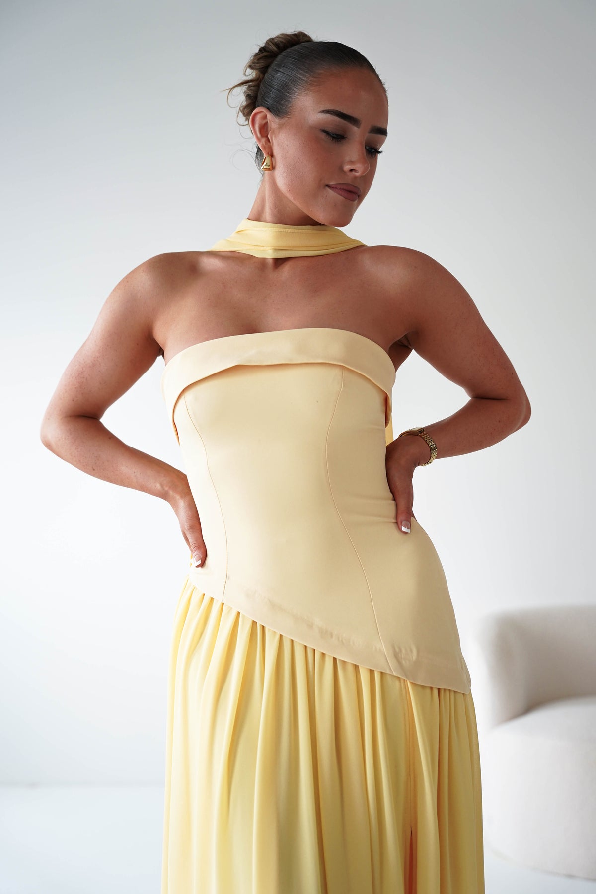 Elva Strapless Asymmetric Waist Maxi Dress | Yellow-Oh Hello Clothing
