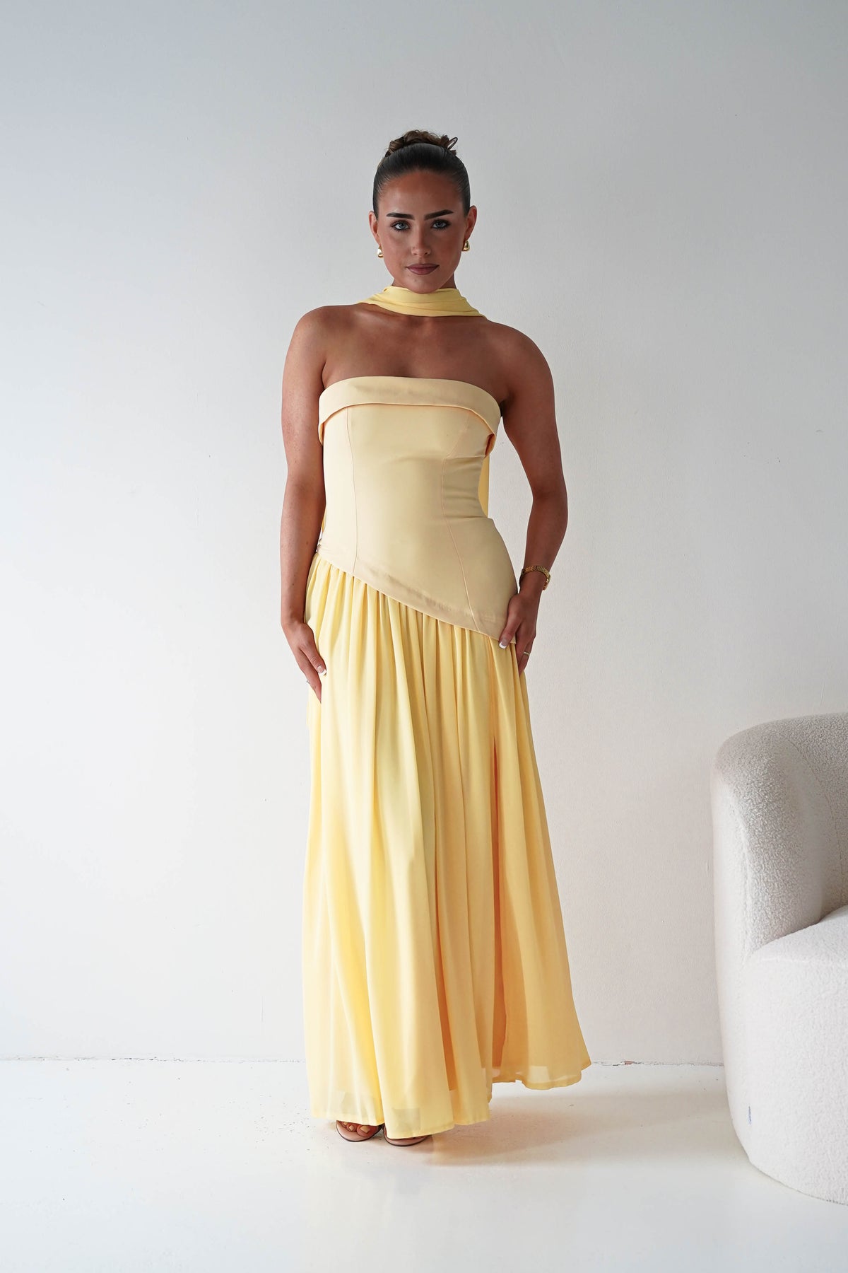 Elva Strapless Asymmetric Waist Maxi Dress | Yellow-Oh Hello Clothing