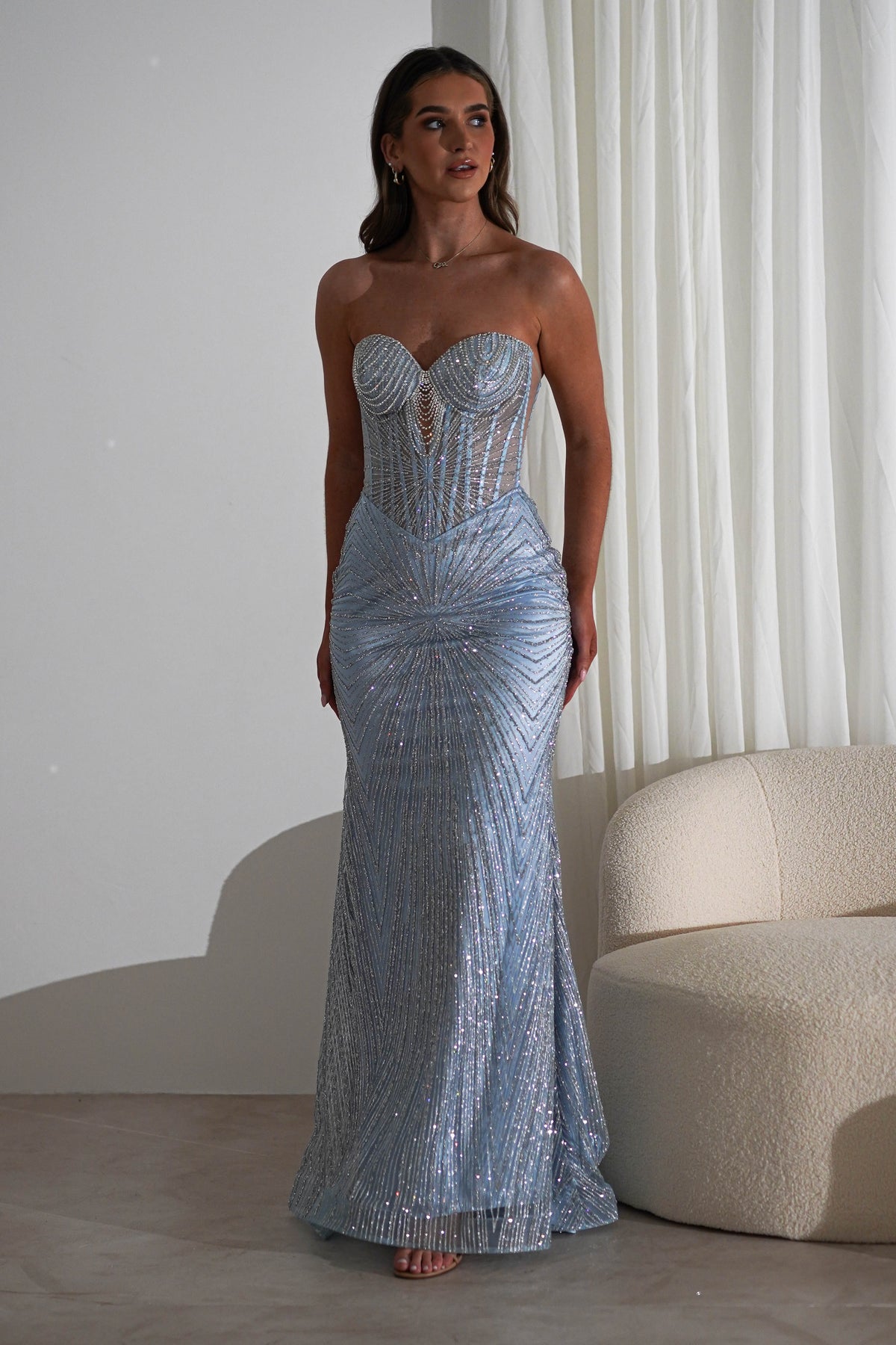 Elyse Glitter Strapless Gown | Light Blue/Silver-Oh Hello Clothing