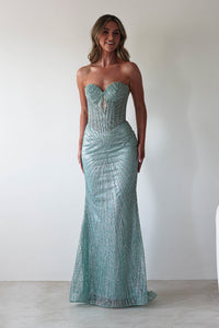 Vestido Largo Palabra de Honor con Purpurina Elyse | Verde Salvia
