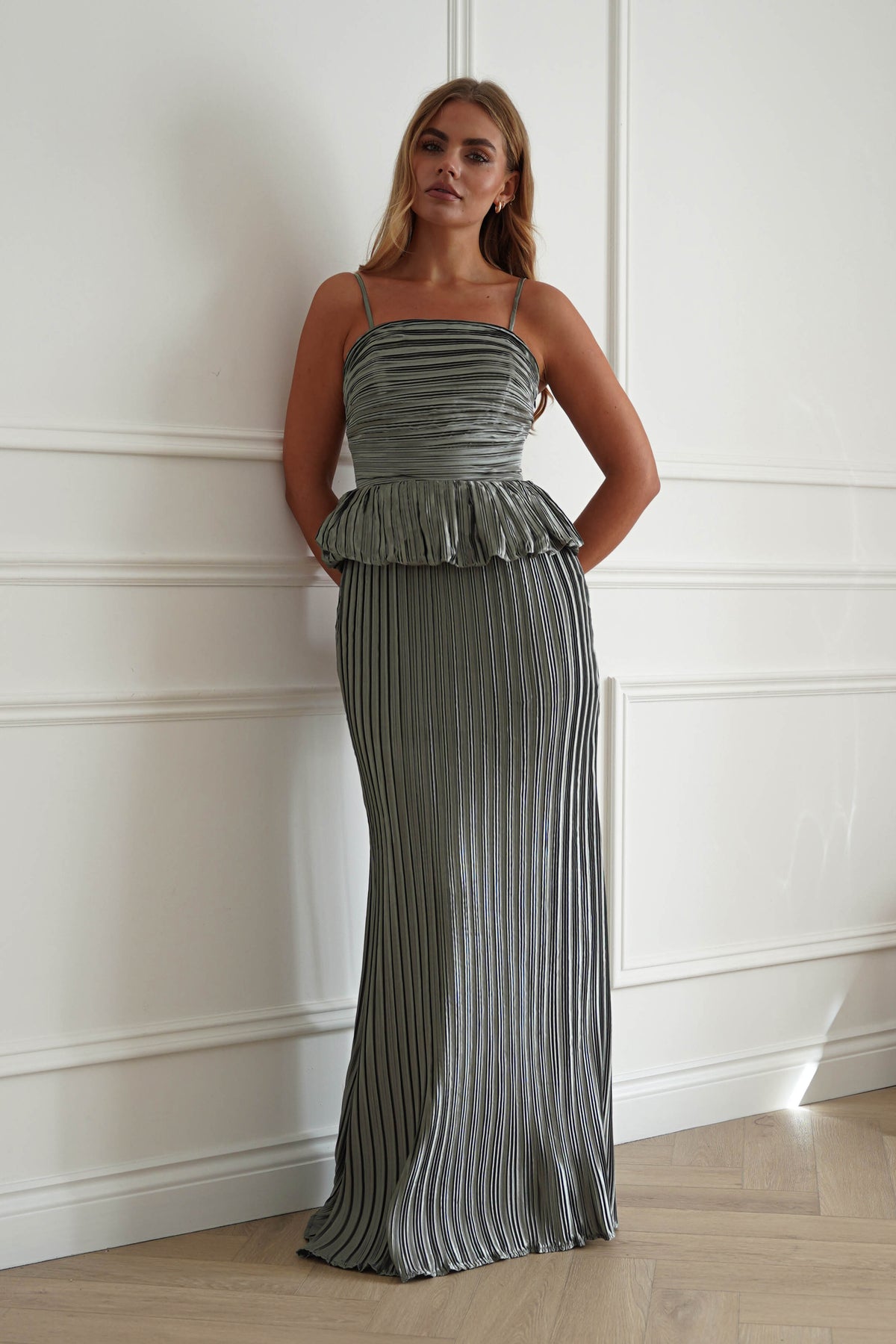 Ember Pleated Peplum Maxi Dress | Light Sage-Oh Hello Clothing
