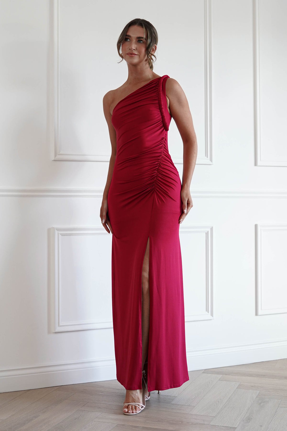 Emery One Shoulder Maxi Dress in Wine