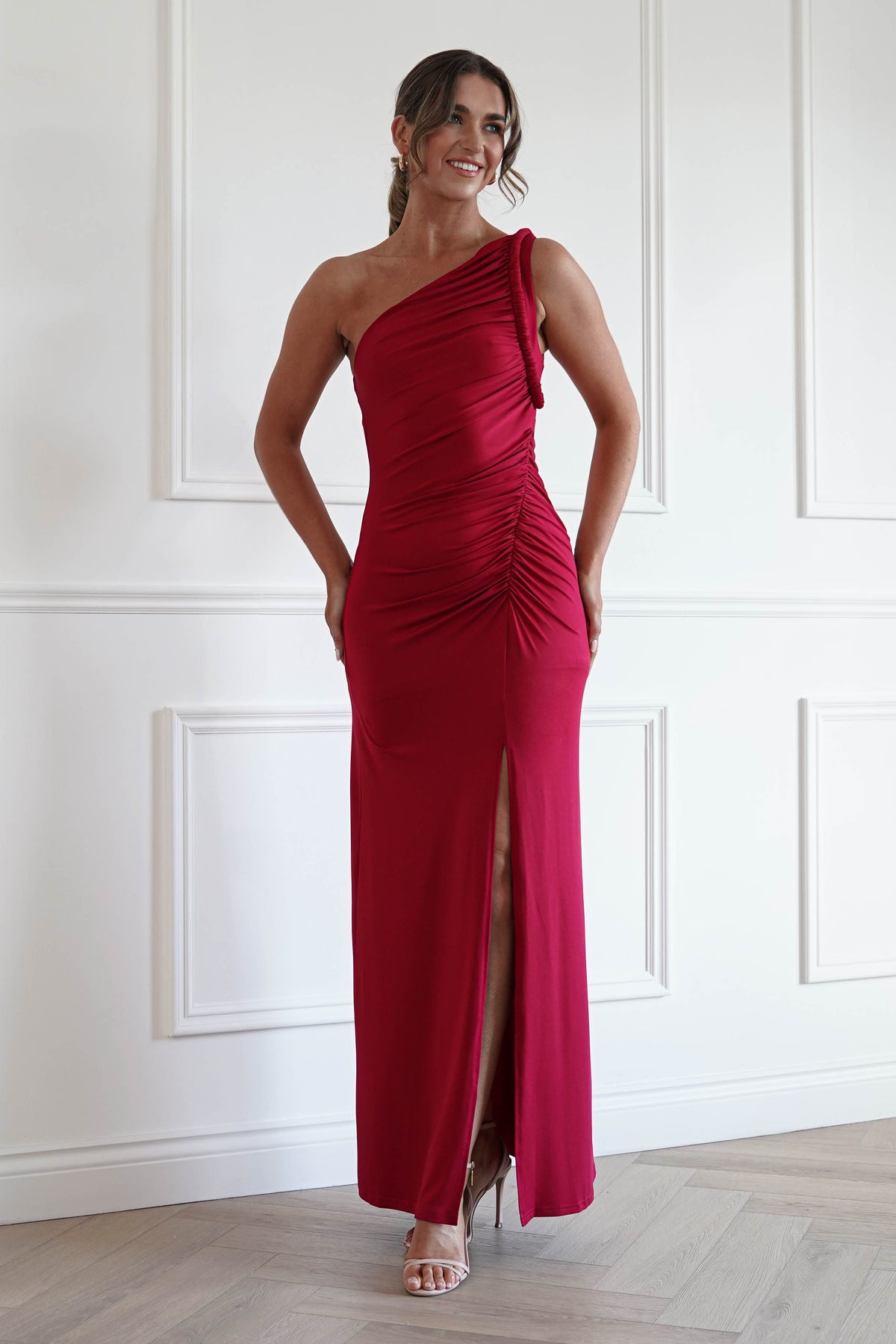 Emery One Shoulder Maxi Dress in Wine