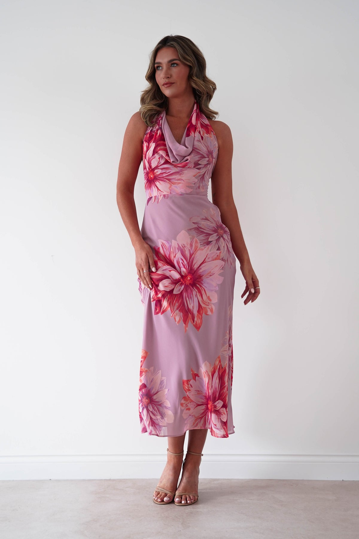 Emilee Halterneck Floral Midi Dress | Lilac/Pink-Oh Hello Clothing