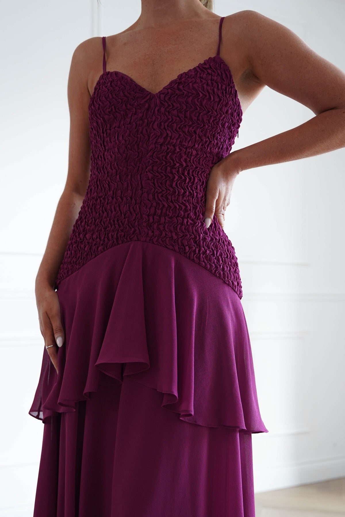 Emmeline Textured Ruffle Maxi Dress | Berry-Oh Hello Clothing