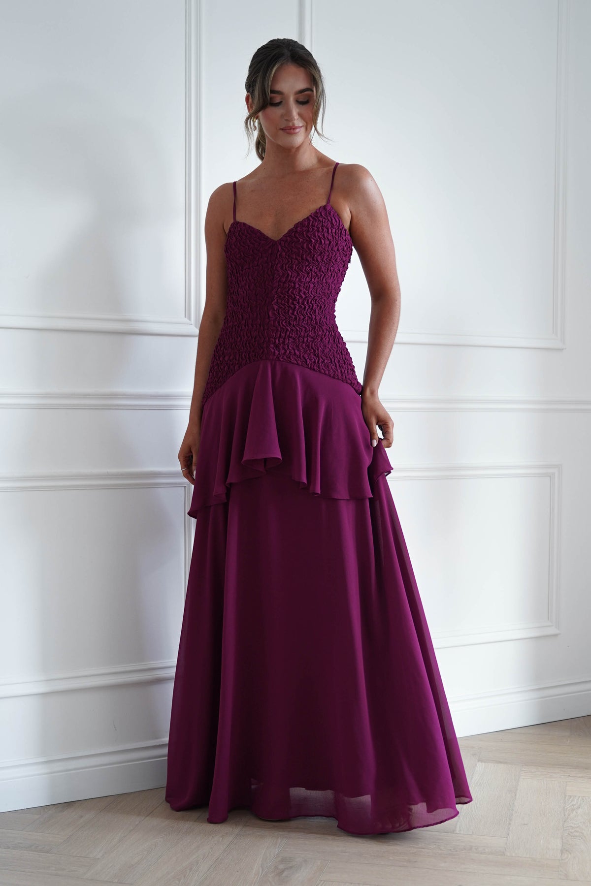 Emmeline Textured Ruffle Maxi Dress | Berry-Oh Hello Clothing