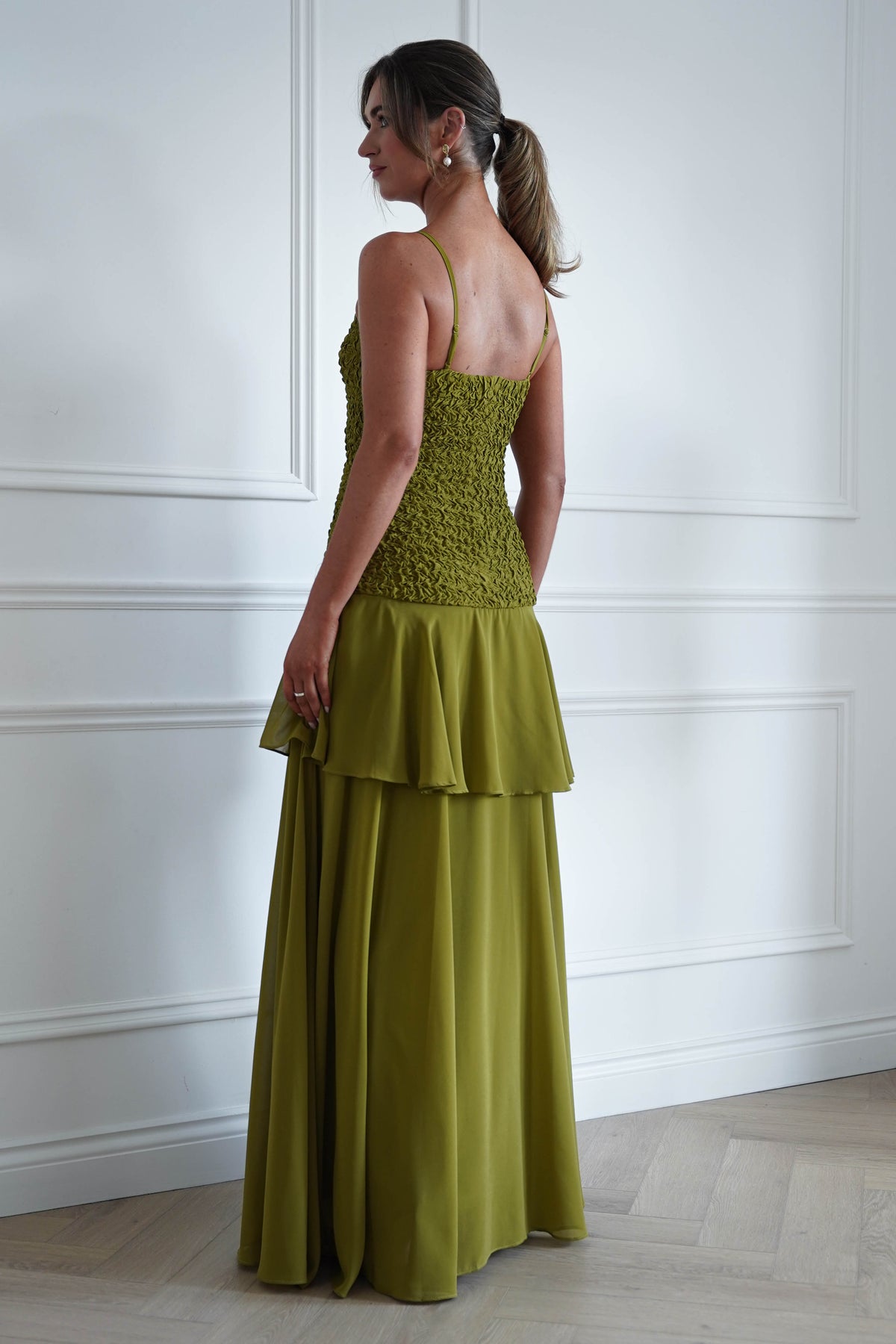 Emmeline Textured Ruffle Maxi Dress | Olive Green-Oh Hello Clothing
