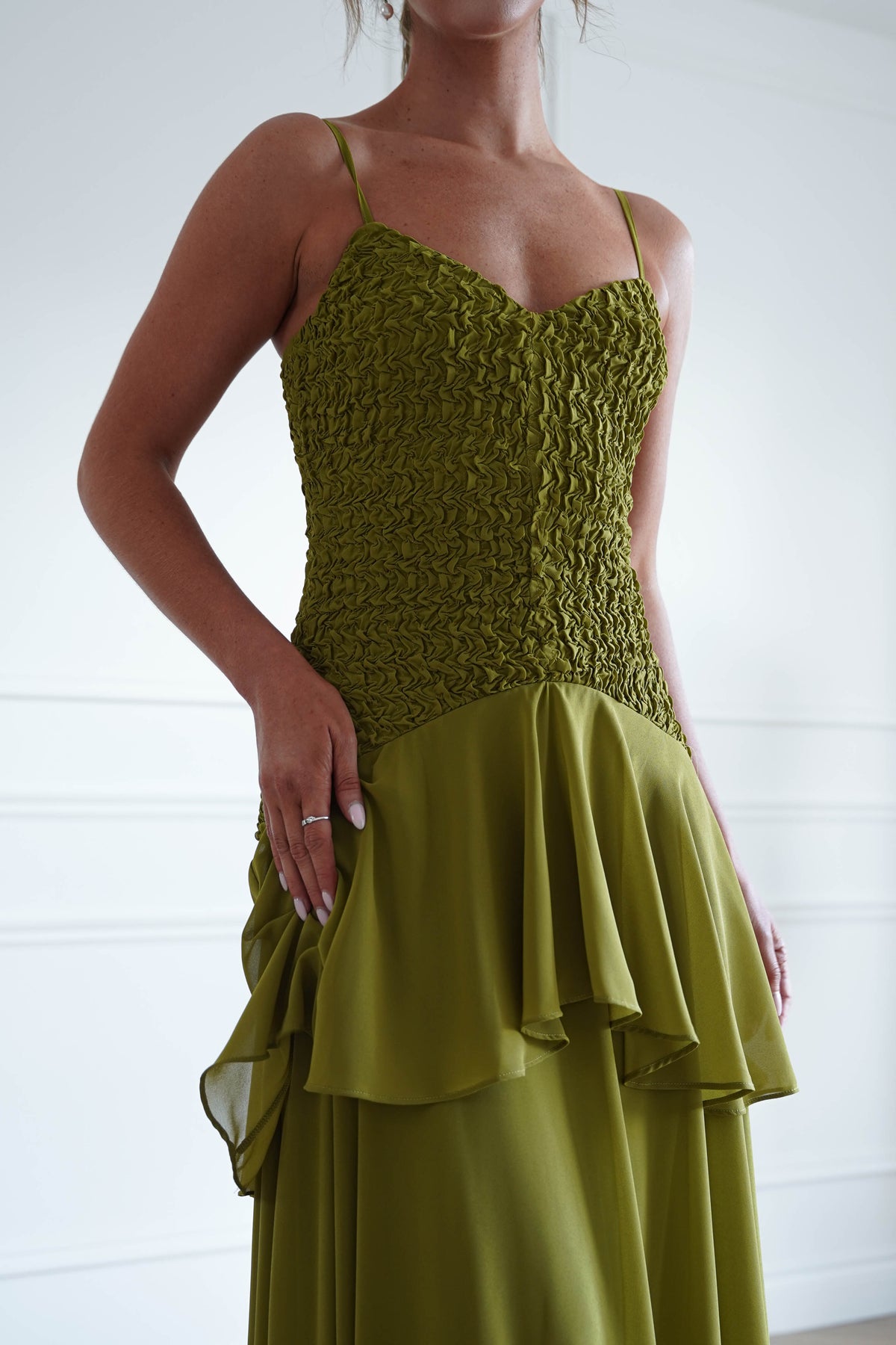 Emmeline Textured Ruffle Maxi Dress | Olive Green-Oh Hello Clothing