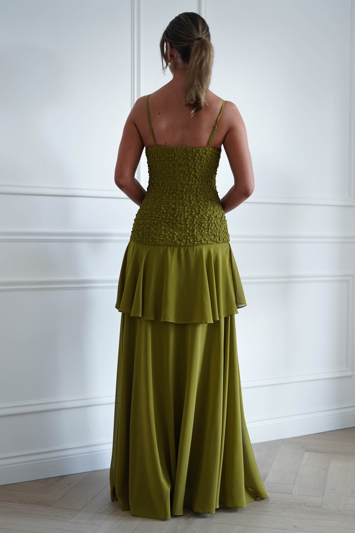 Emmeline Textured Ruffle Maxi Dress | Olive Green-Oh Hello Clothing