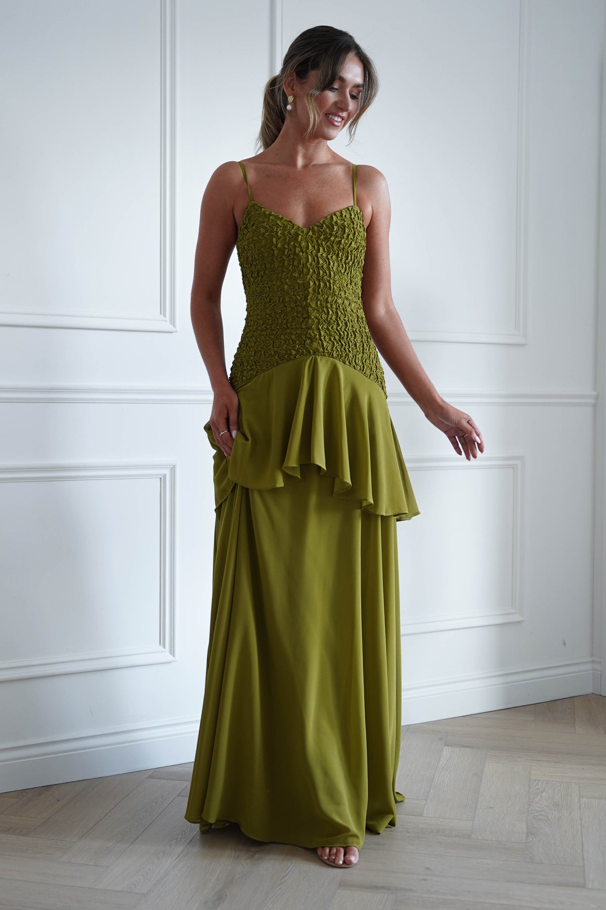 Emmeline Textured Ruffle Maxi Dress | Olive Green-Oh Hello Clothing