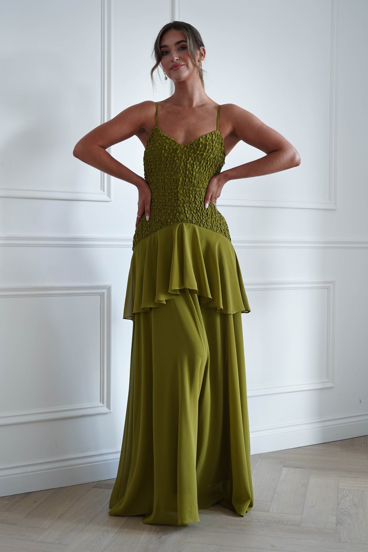 Emmeline Textured Ruffle Maxi Dress | Olive Green-Oh Hello Clothing
