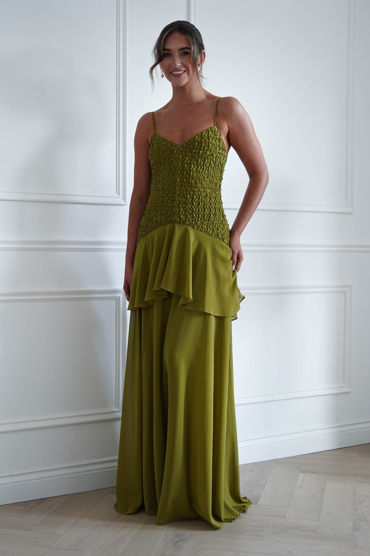 Emmeline Textured Ruffle Maxi Dress | Olive Green-Oh Hello Clothing