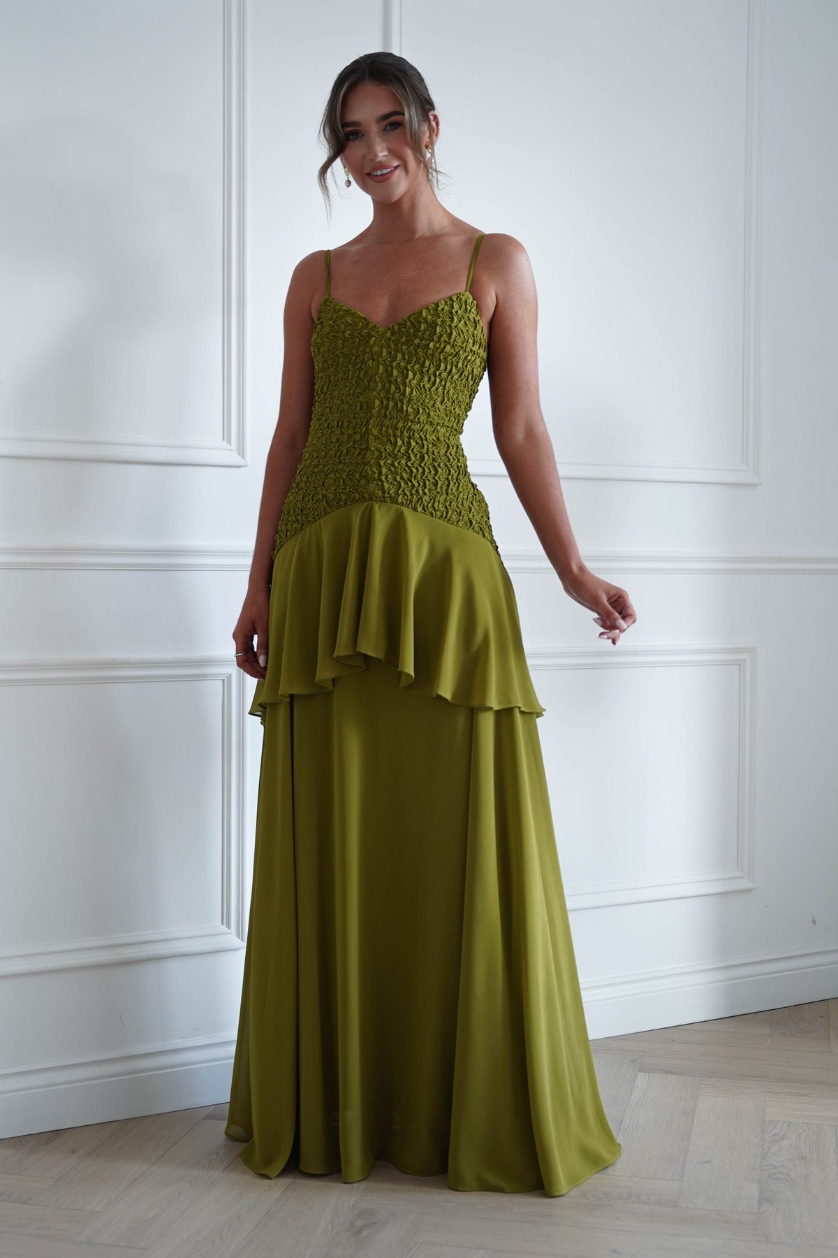 Emmeline Textured Ruffle Maxi Dress | Olive Green-Oh Hello Clothing