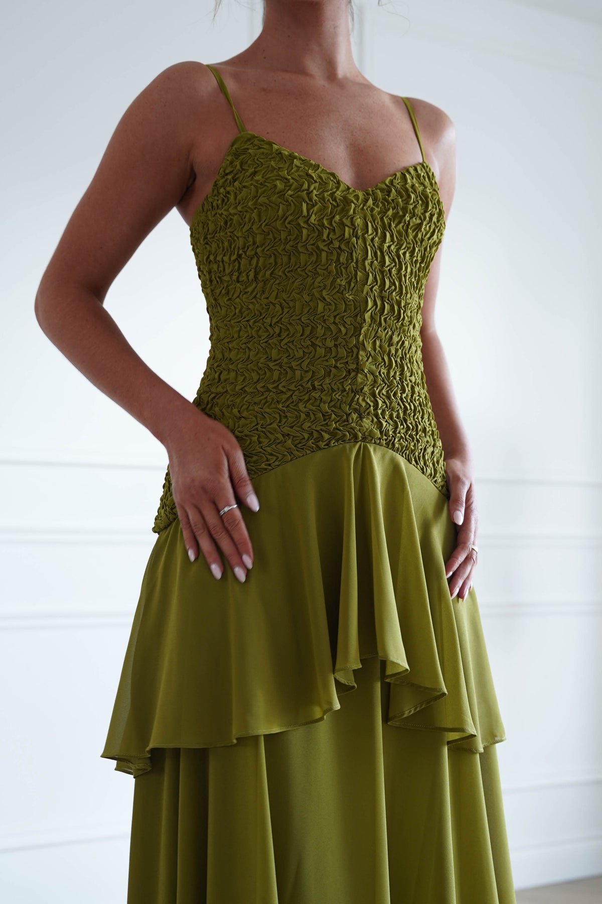 Emmeline Textured Ruffle Maxi Dress | Olive Green-Oh Hello Clothing