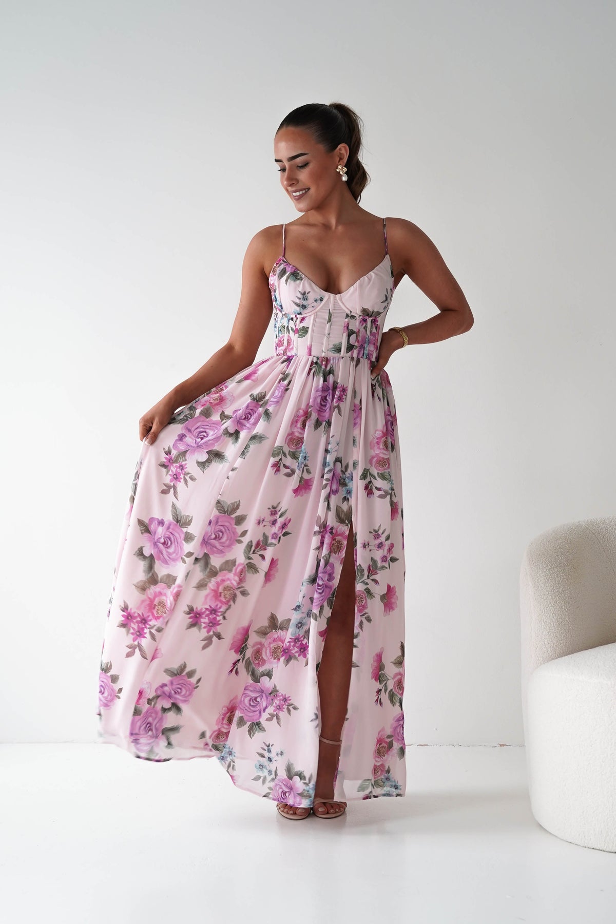Emmy Floral Print Corset Maxi Dress | Lilac-Oh Hello Clothing