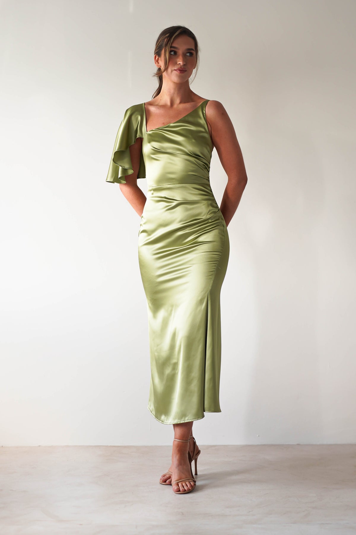 Esme Satin Midaxi Dress | Lime Green-Oh Hello Clothing