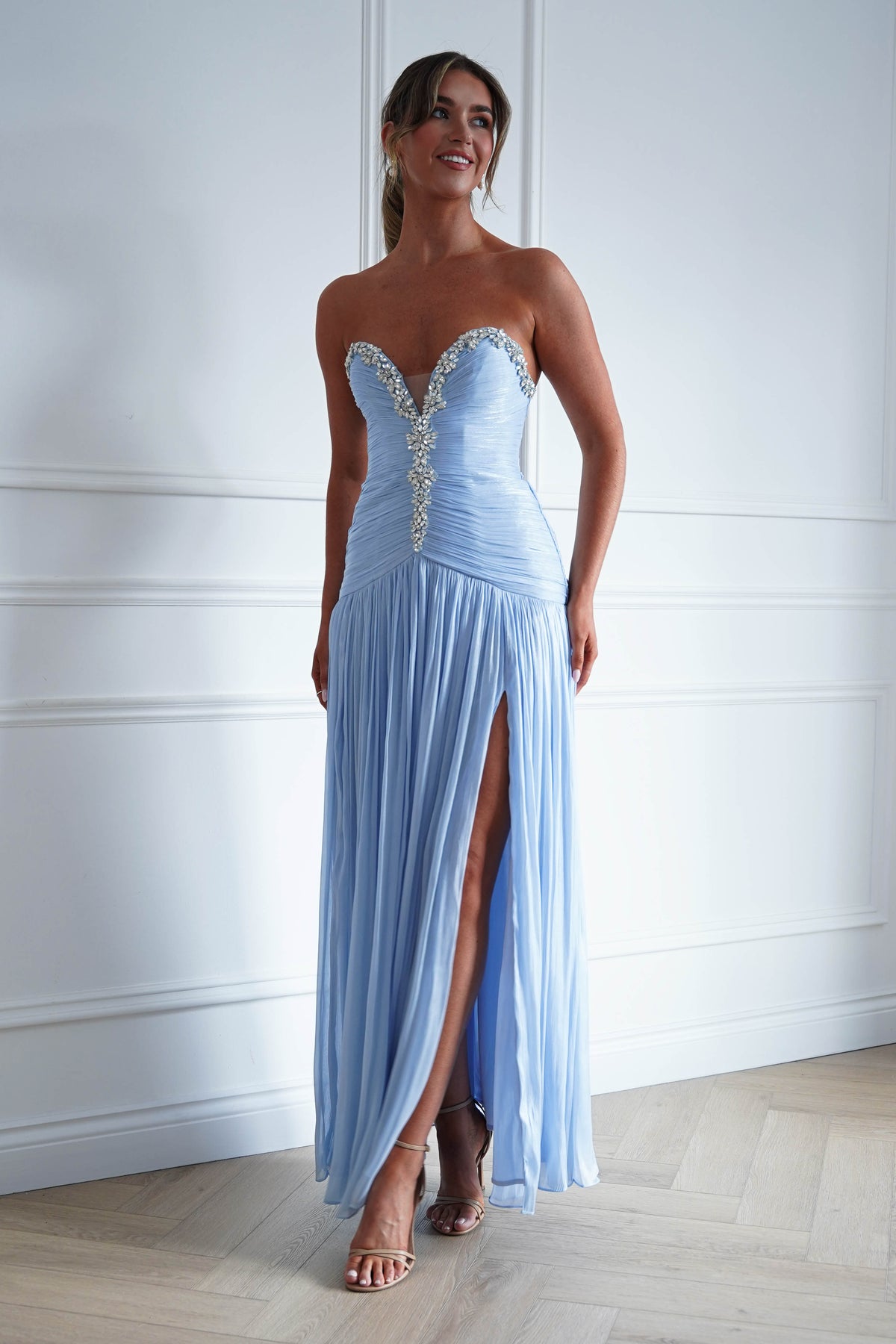 Estella Diamante Trim Ruched Maxi Gown | Blue-Oh Hello Clothing