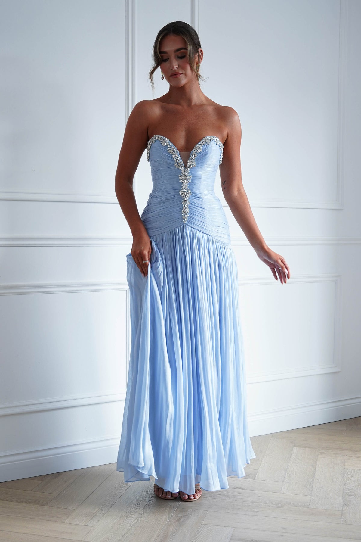 Estella Diamante Trim Ruched Maxi Gown | Blue-Oh Hello Clothing