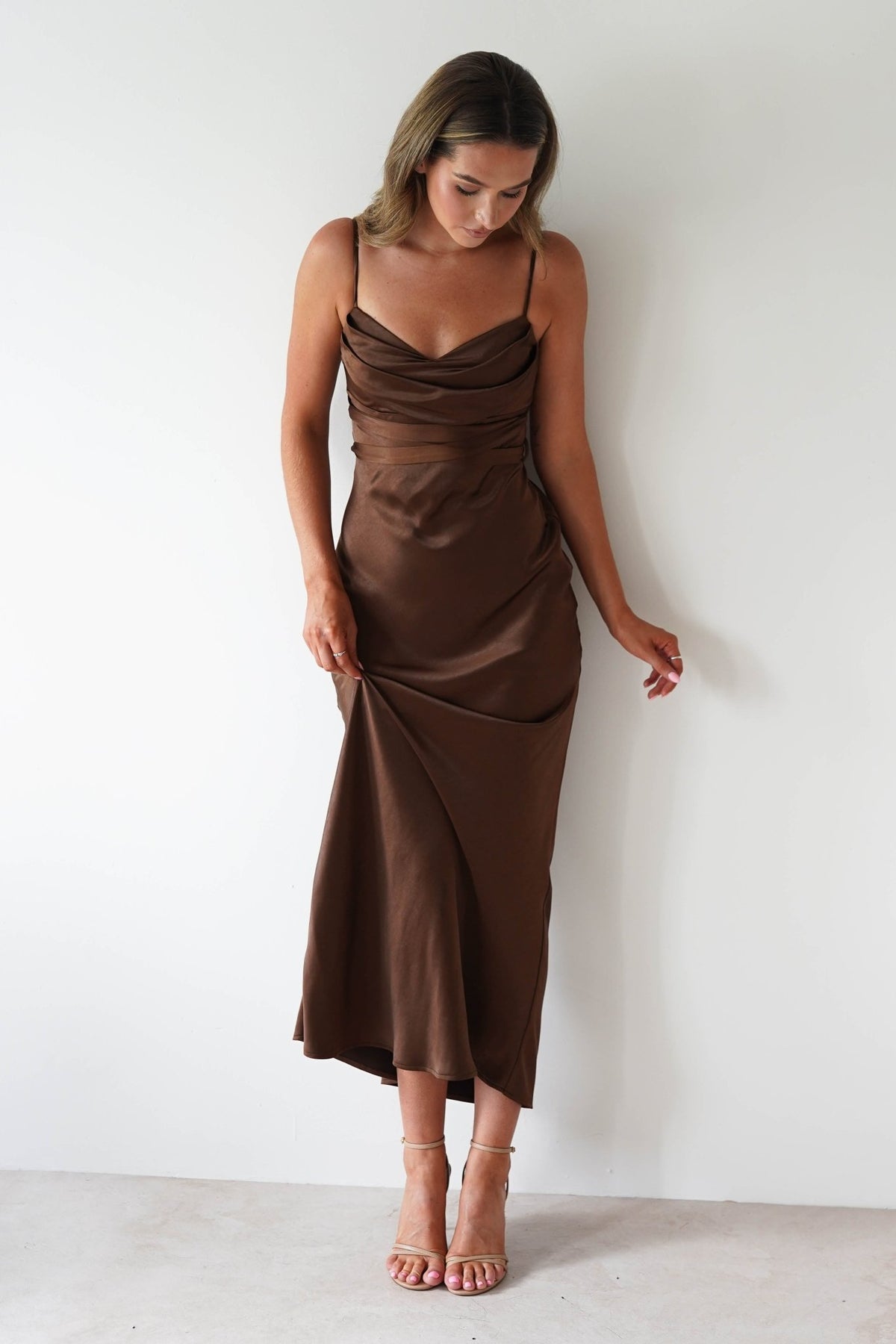 Everleigh Soft Satin Midaxi Dress | Brown-Oh Hello Clothing