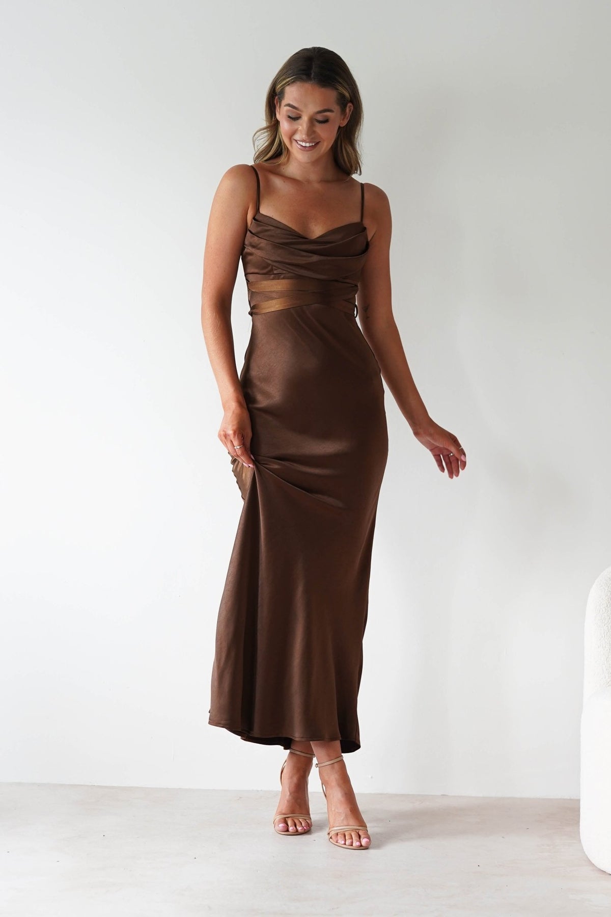 Everleigh Soft Satin Midaxi Dress | Brown-Oh Hello Clothing