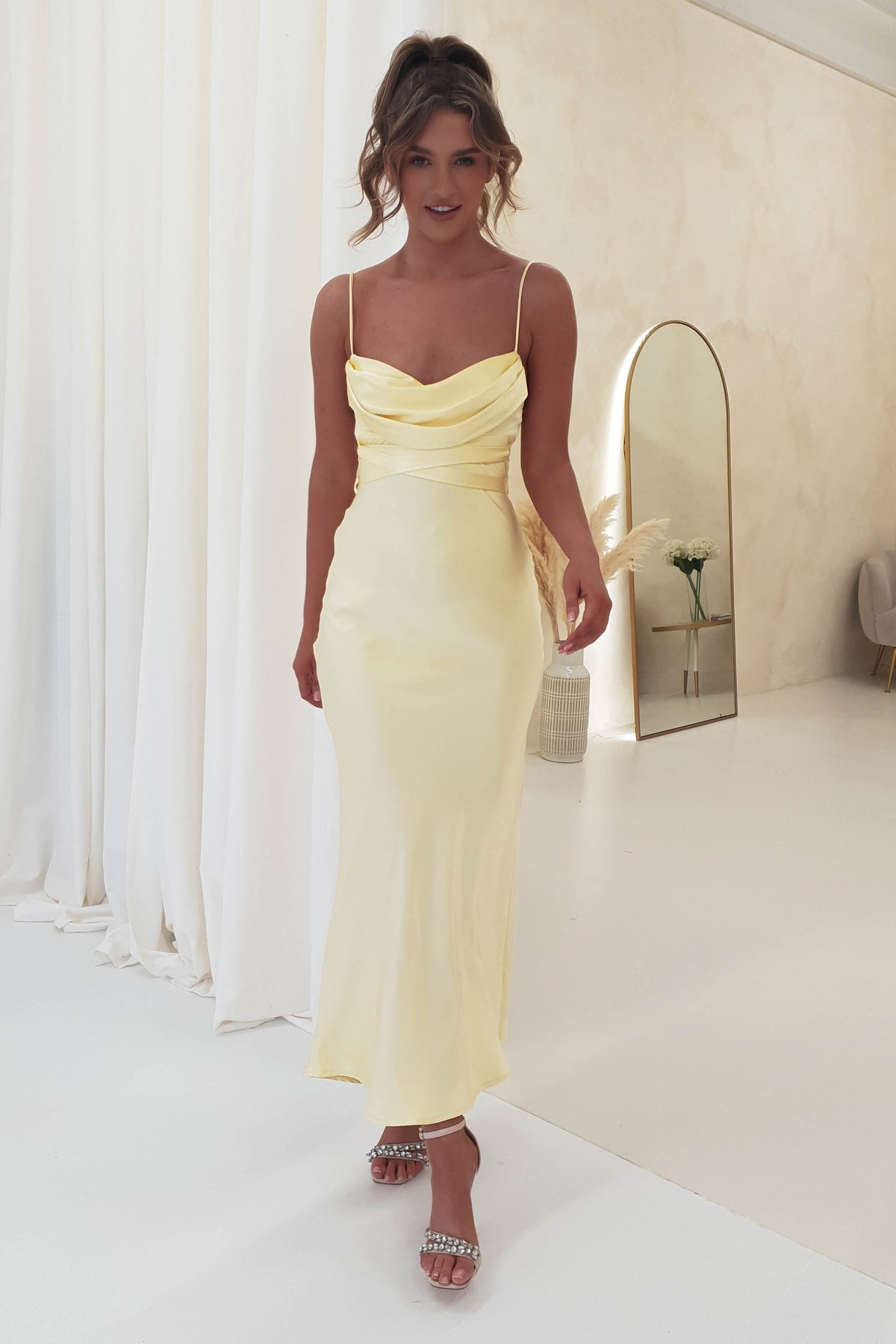 Everleigh Soft Satin Midi Dress | Butter Yellow-Oh Hello Clothing