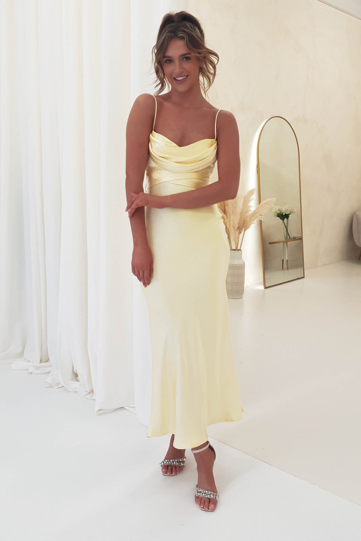 Everleigh Soft Satin Midi Dress | Butter Yellow-Oh Hello Clothing