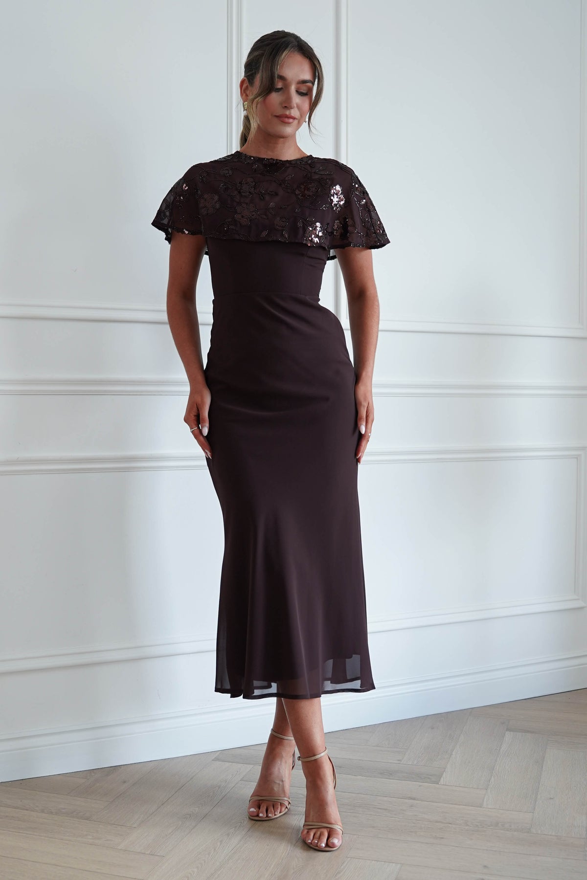 Fatima Sequin Cape Maxi Dress | Brown-Oh Hello Clothing