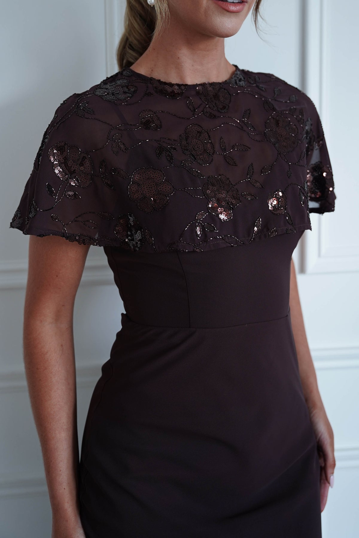 Fatima Sequin Cape Maxi Dress | Brown-Oh Hello Clothing