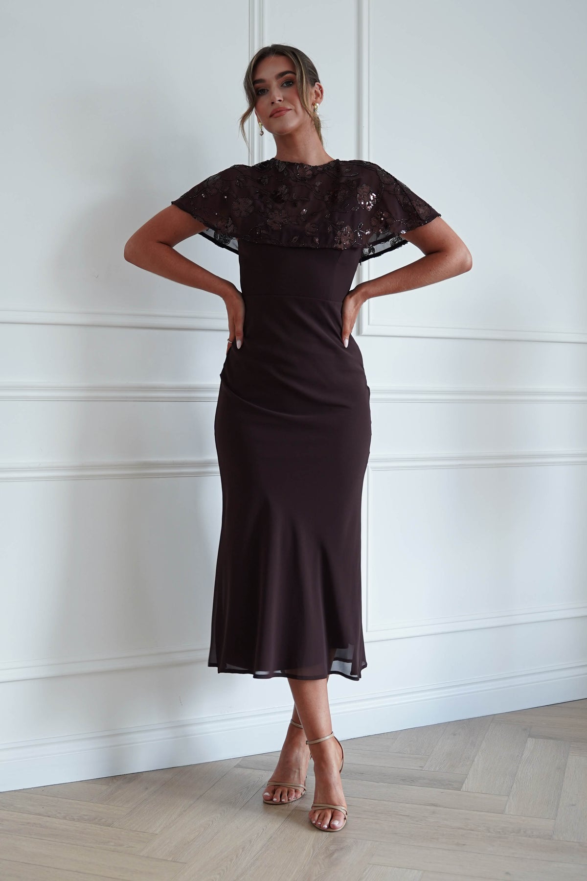 Fatima Sequin Cape Maxi Dress | Brown-Oh Hello Clothing