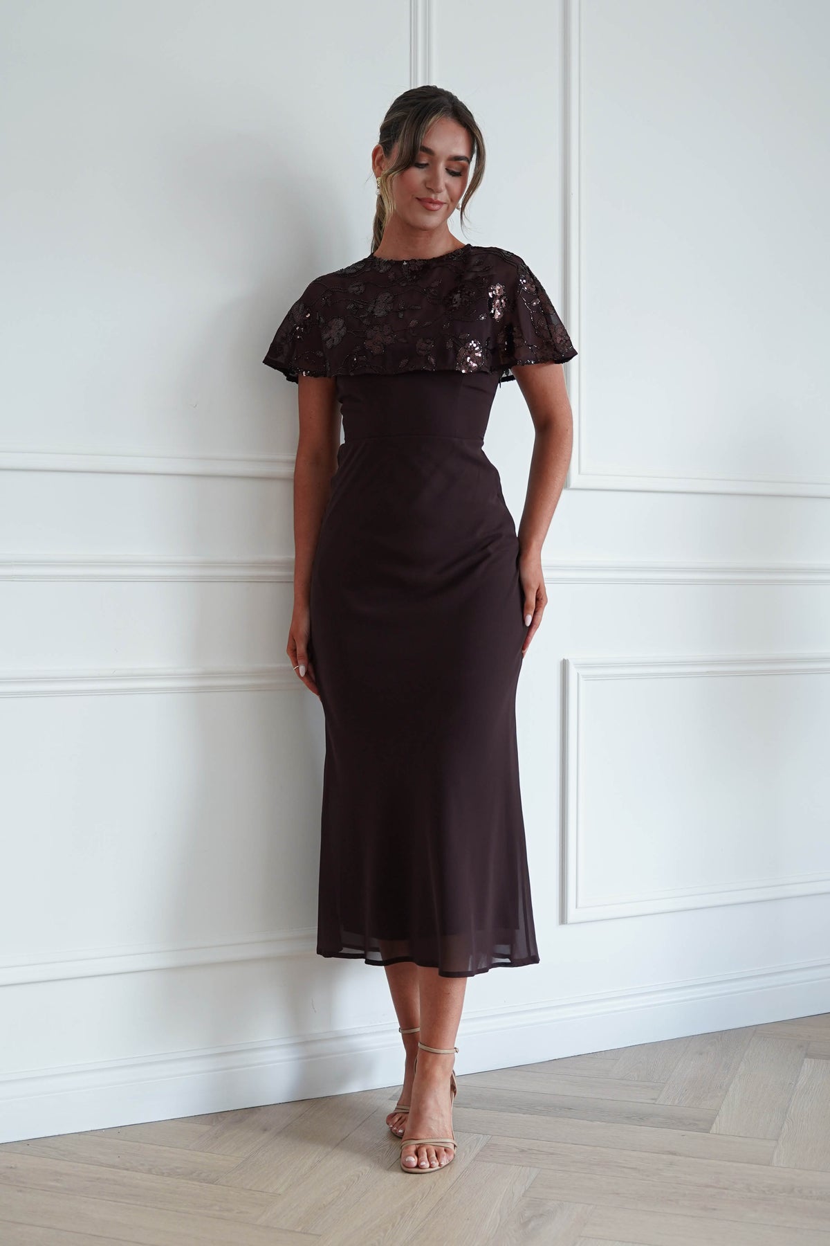Fatima Sequin Cape Maxi Dress | Brown-Oh Hello Clothing