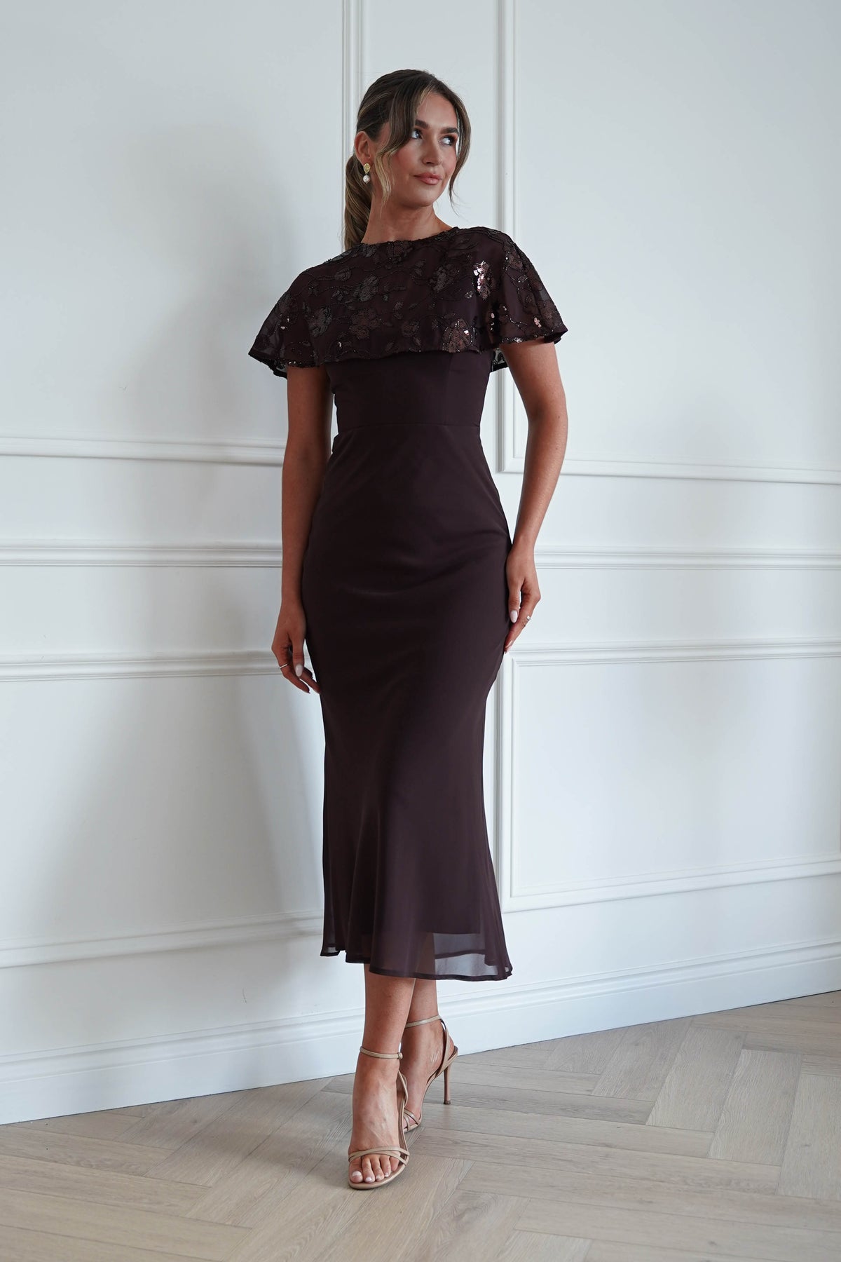 Fatima Sequin Cape Maxi Dress | Brown-Oh Hello Clothing