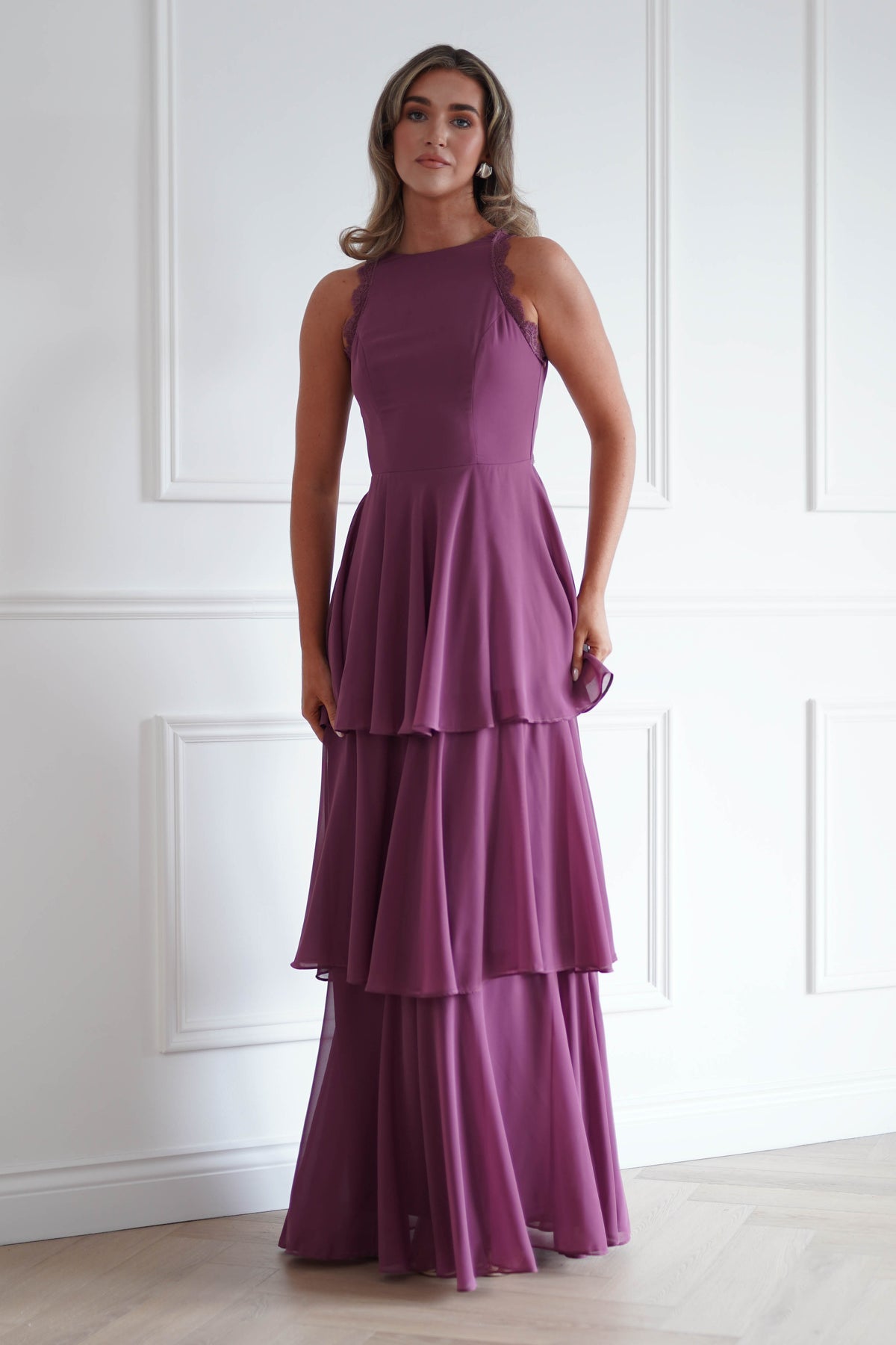 Oh Hello Clothing Women > Clothing > Dresses Ferne Lace Detail Tiered Maxi Dress | Dark Rose