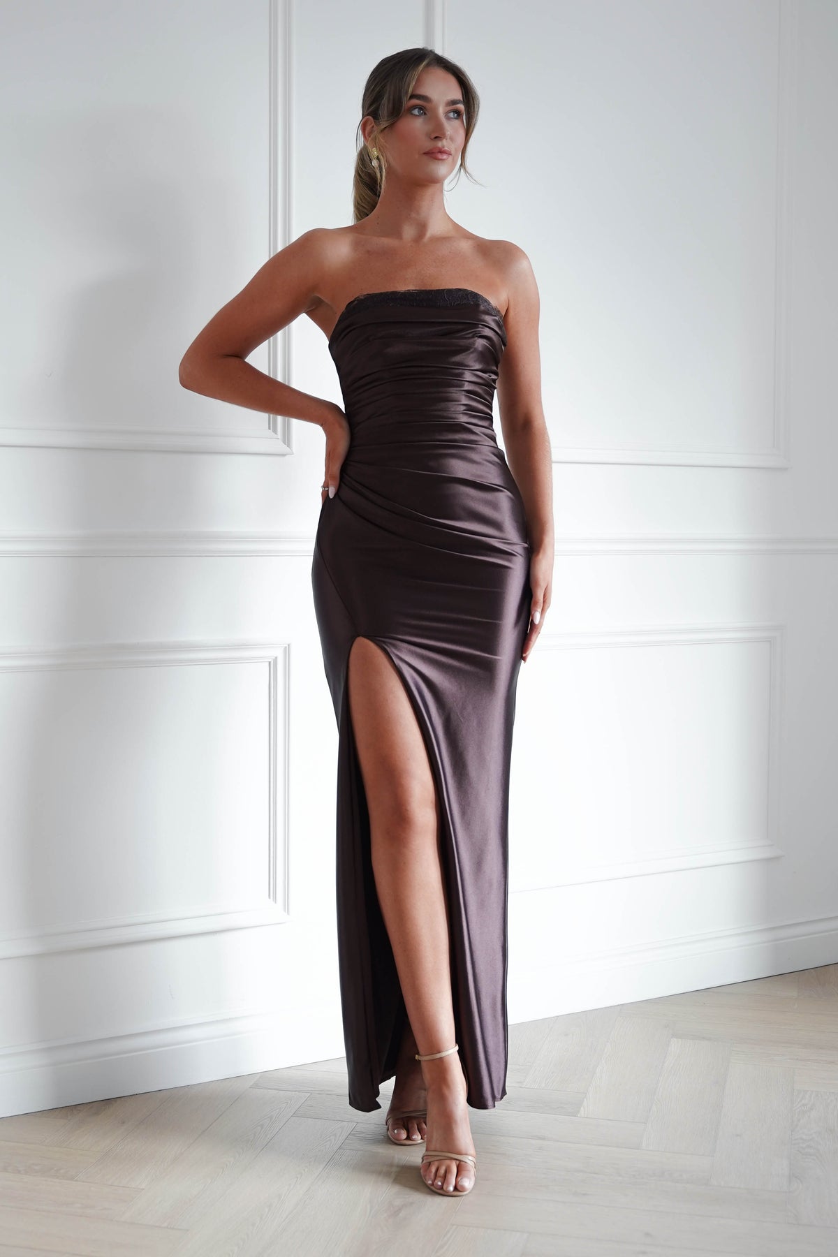 Flo Satin Lace Detail Maxi Dress | Brown-Oh Hello Clothing
