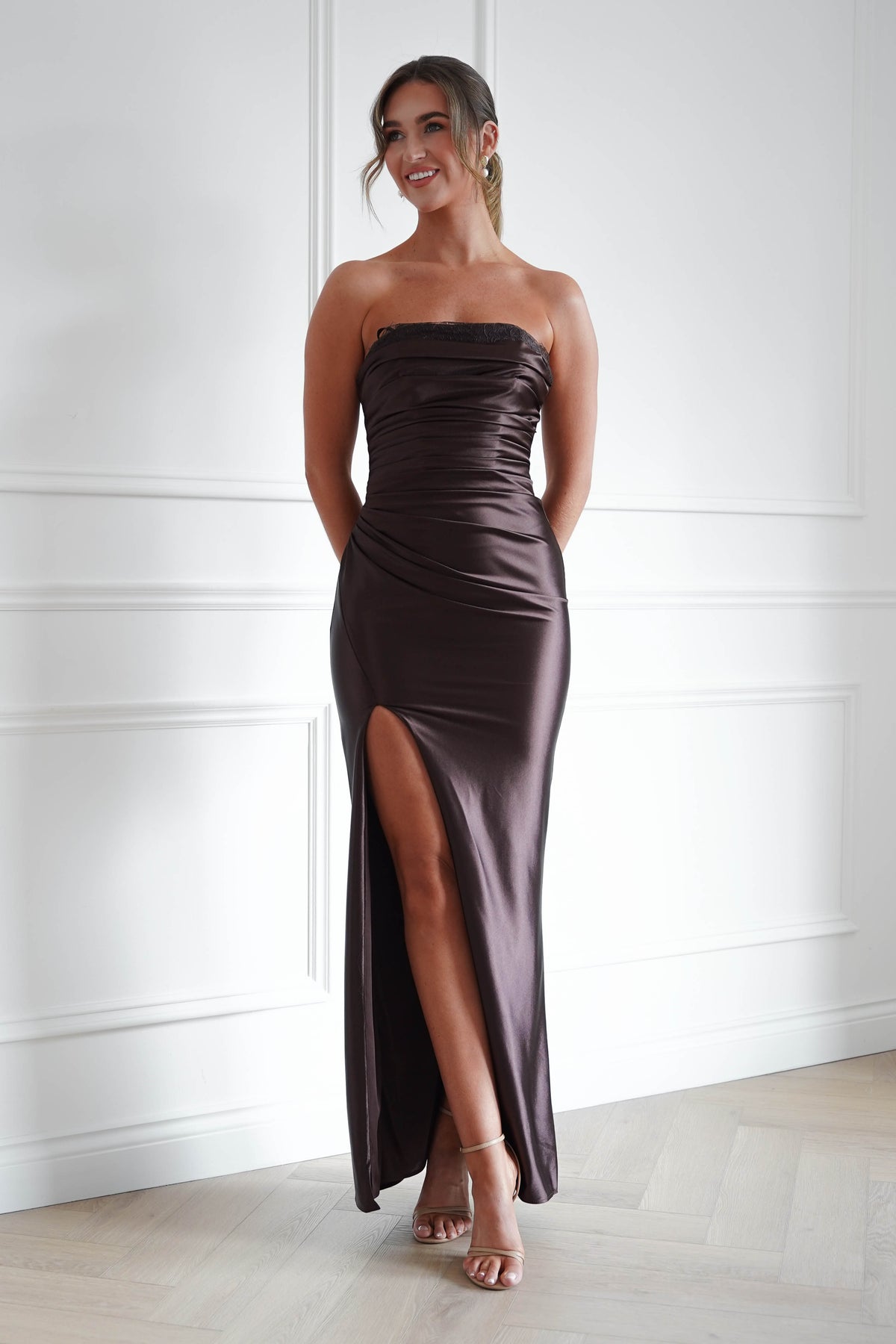 Flo Satin Lace Detail Maxi Dress | Brown-Oh Hello Clothing