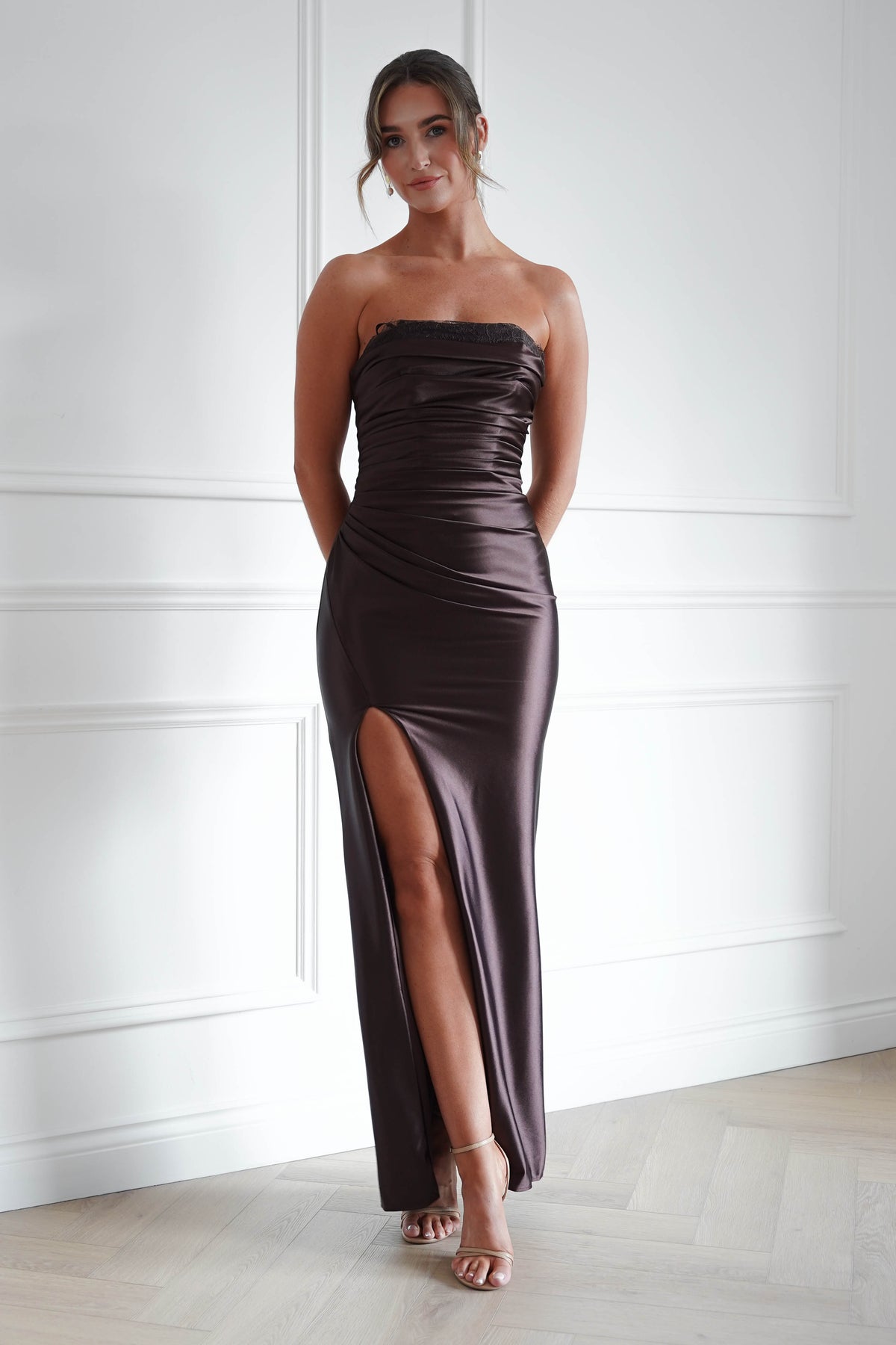 Flo Satin Lace Detail Maxi Dress | Brown-Oh Hello Clothing