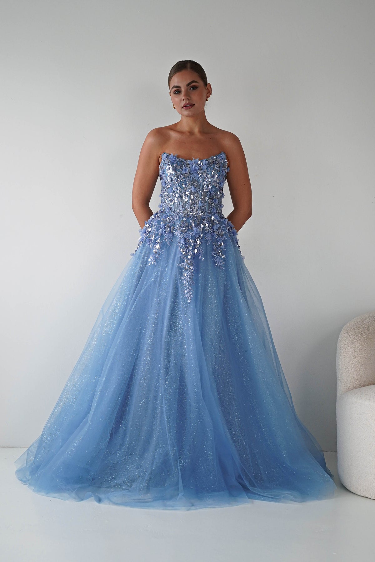 Francesca Strapless Floral Appliqué Ball Gown | Blue-Oh Hello Clothing