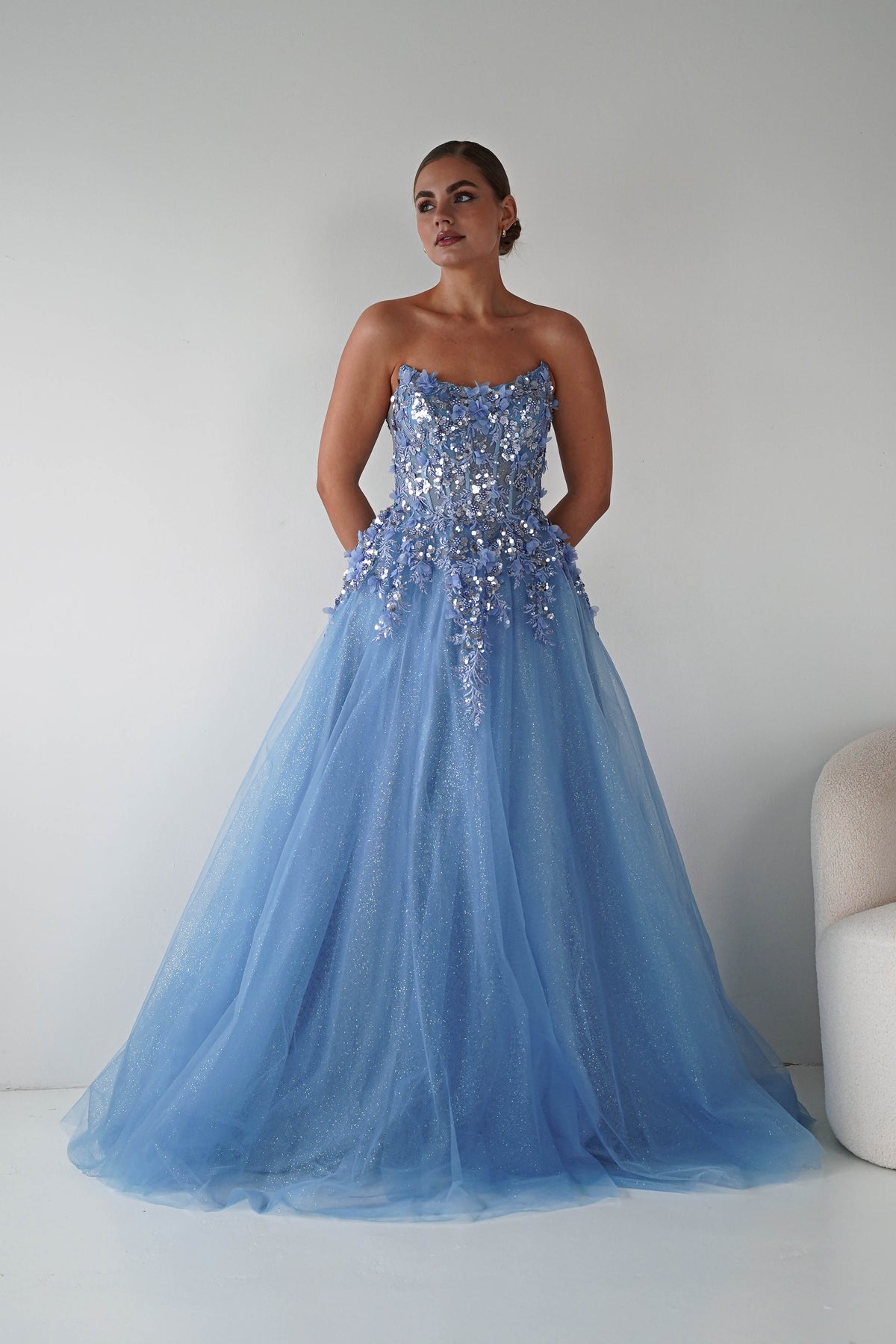 Francesca Strapless Floral Appliqué Ball Gown | Blue-Oh Hello Clothing