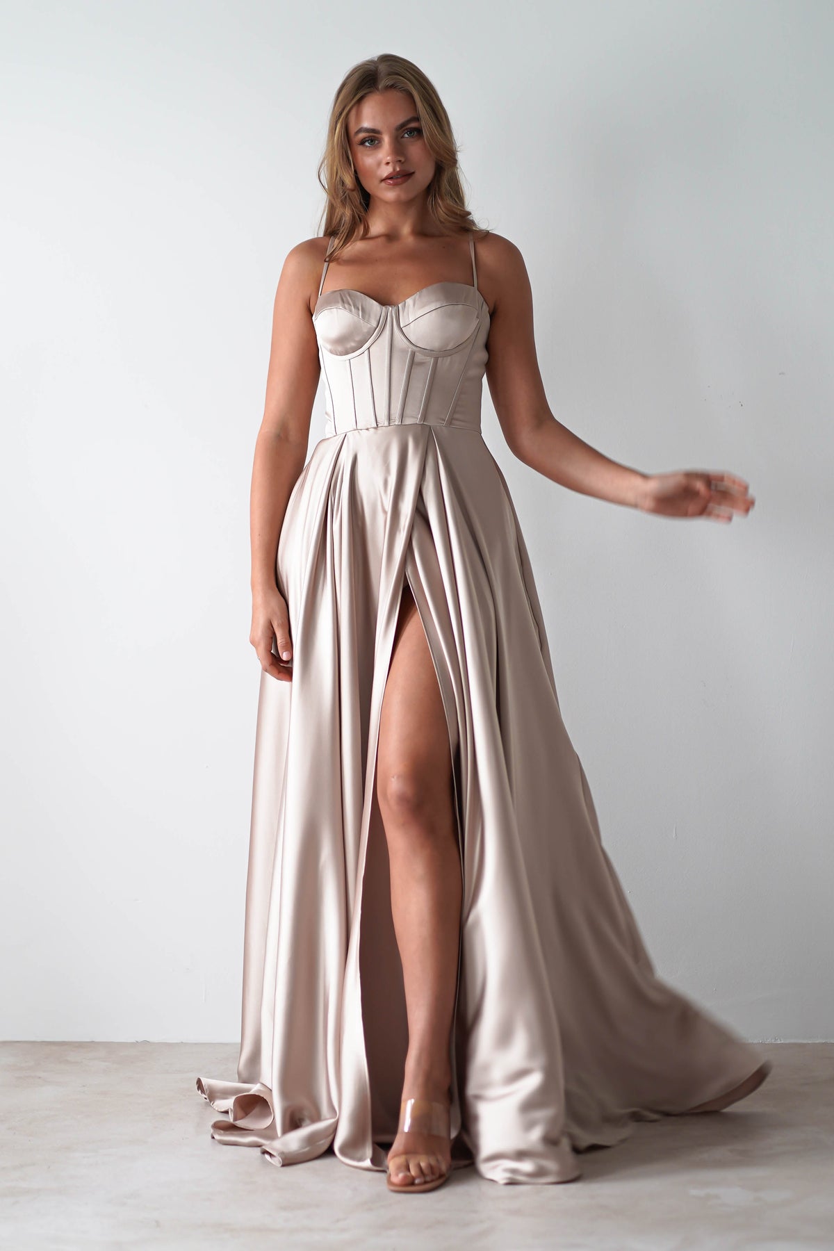 Georgia Soft Satin Maxi Gown | Champange-Oh Hello Clothing