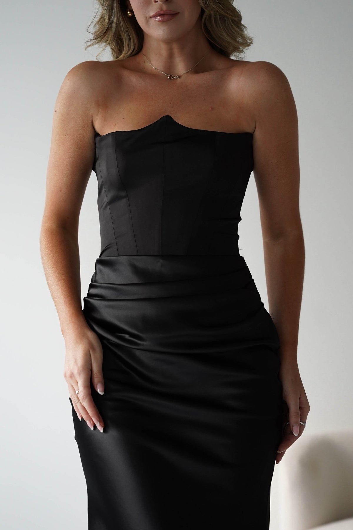 Giselle Corset Satin Maxi Dress | Black-Oh Hello Clothing